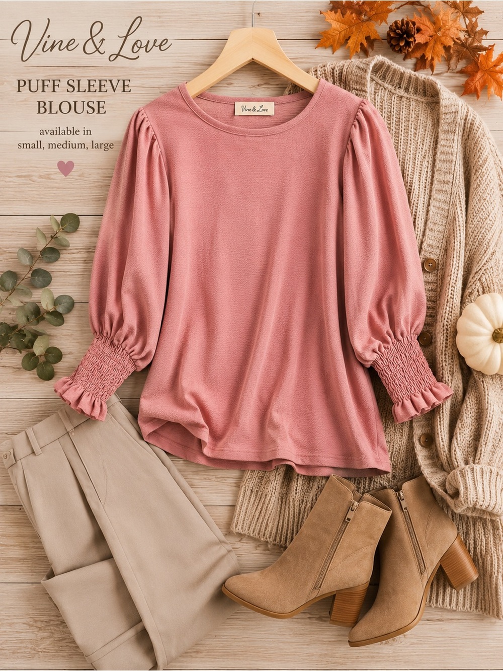 Vine & Love Dusty Rose Puff Sleeve Top with Smocked Cuffs